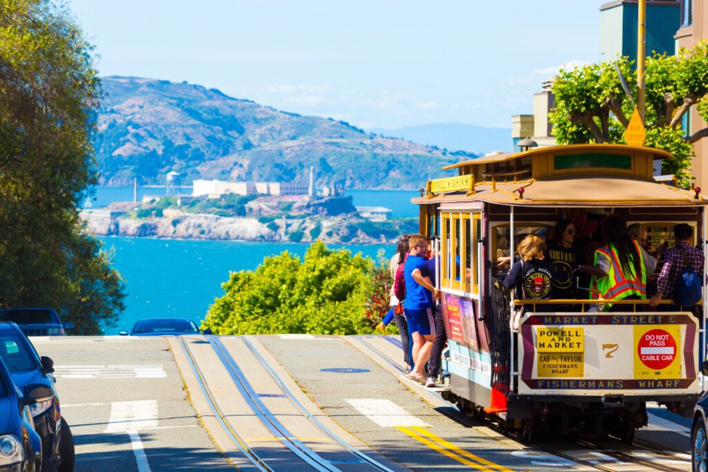 cable car on hill in Aan Francisco California