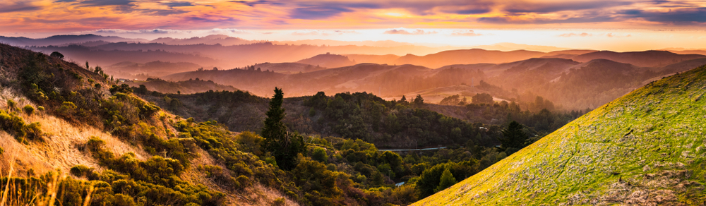 Santa Cruz California Mountains panoramic view at sunrise or sunset
