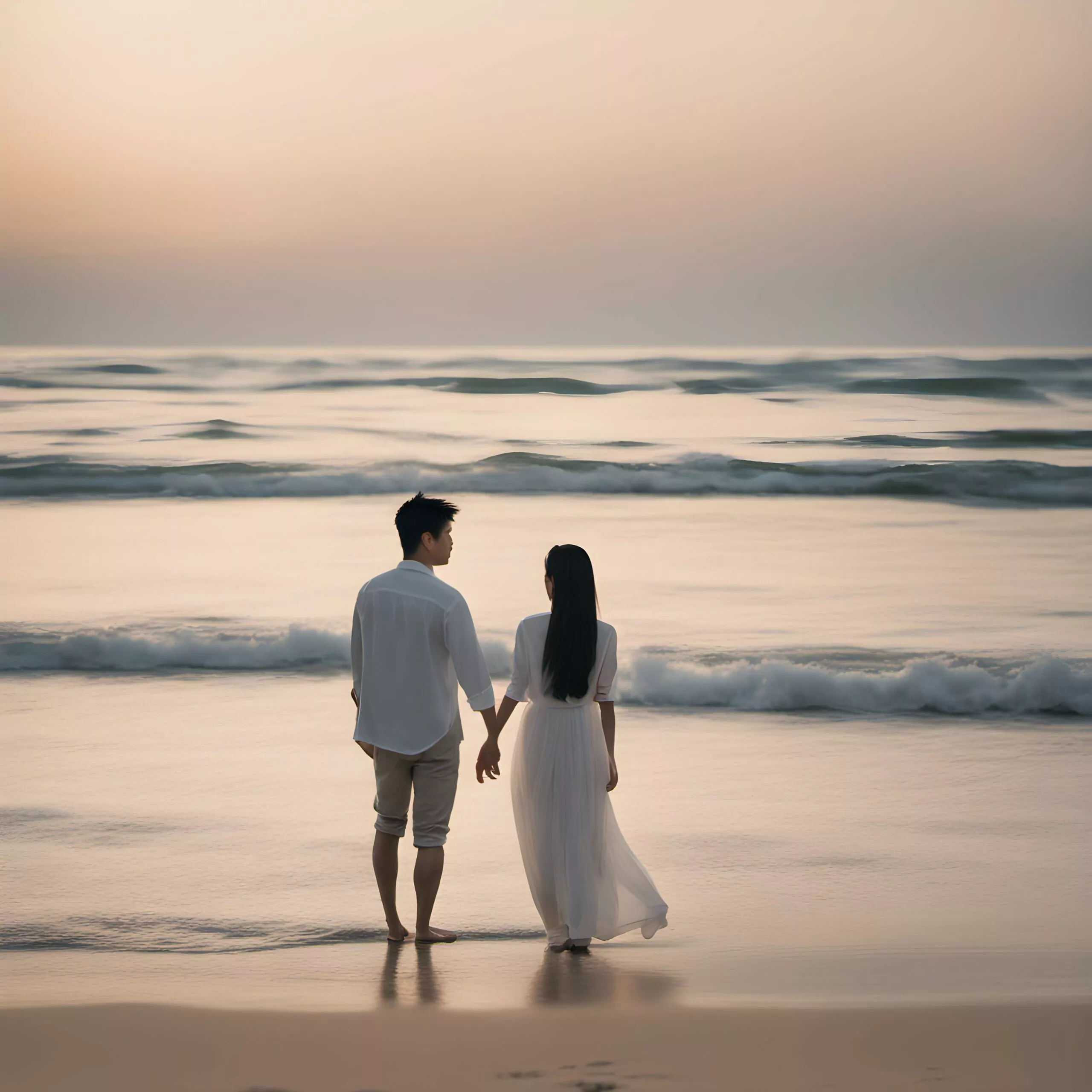 romantic asian couple on the beach holding hands