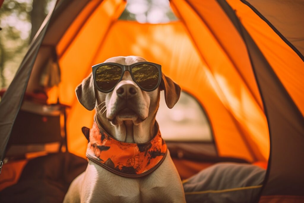dog camping with glasses