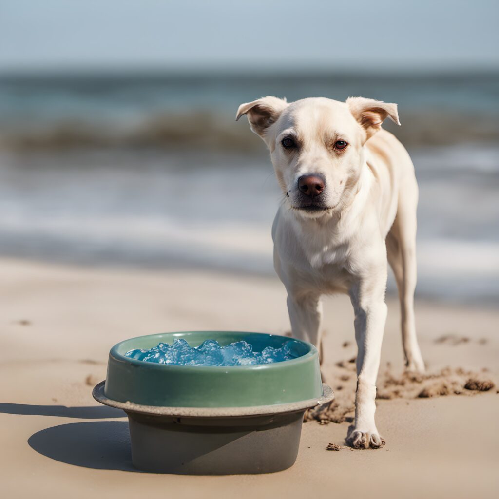 dog on the beach with water bowl