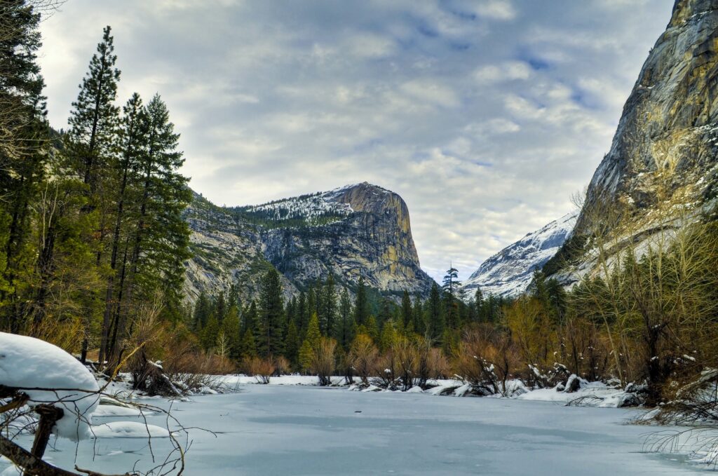 Yosemite Mirror Lake in the winter in the snow